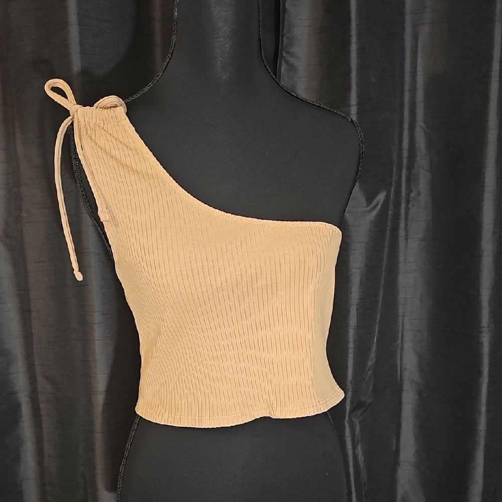Aerie One-Shoulder Biege Ribbed Tank